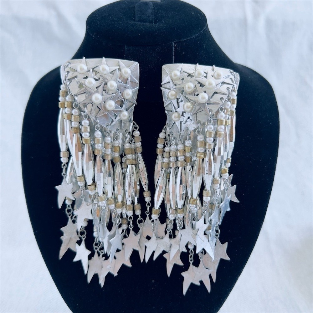 Vintage Starburst Chandelier Clip-On Earrings Silver Tone Faux Pearl Brutalist
